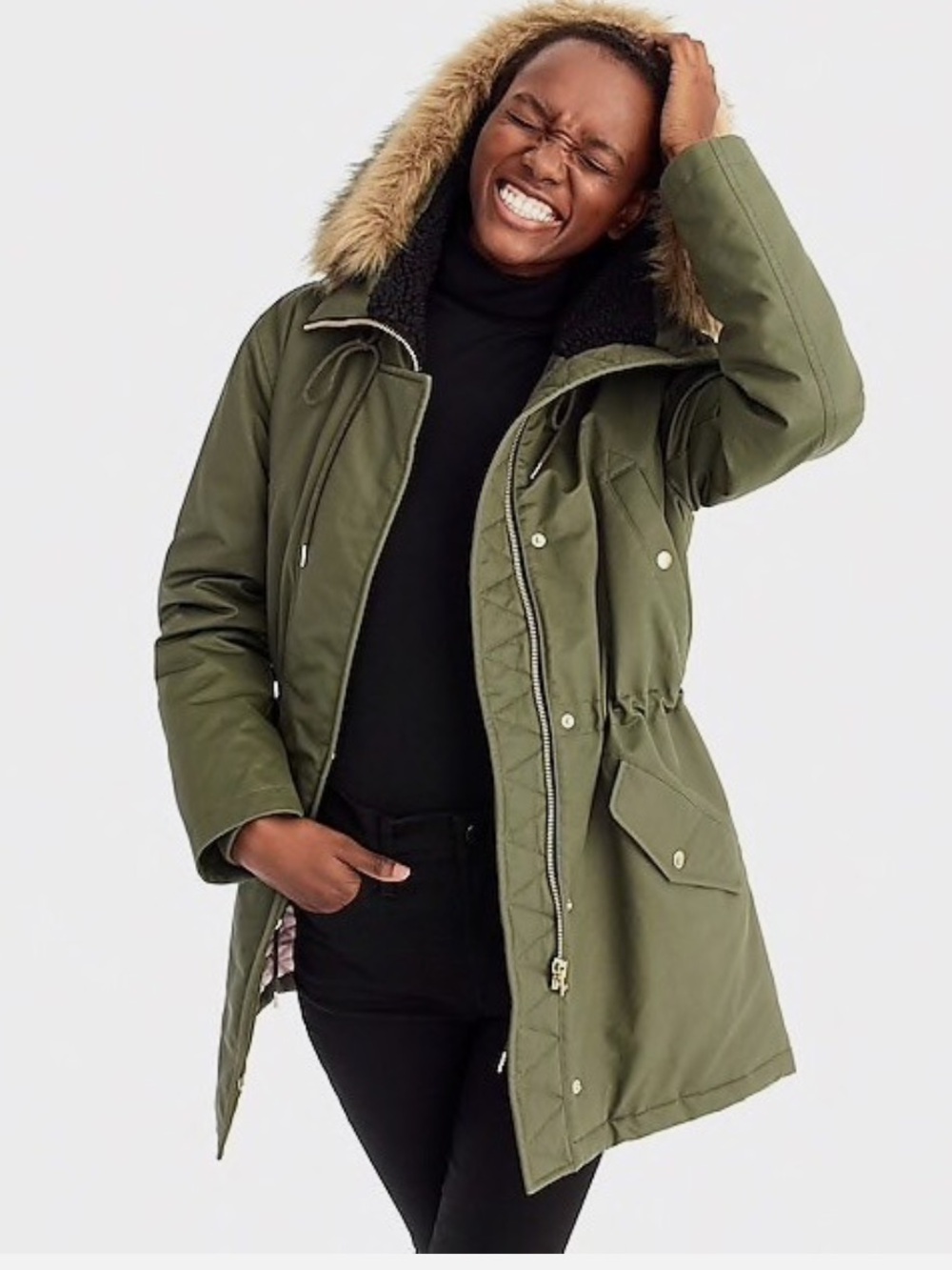 J. Crew Olive Green Hooded Puffer Parka Faux Fur Trim  Size S